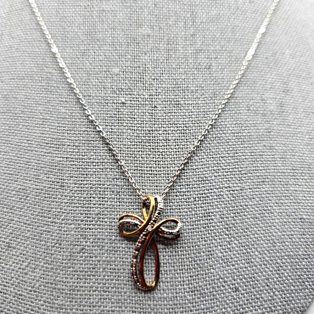 Elegant Two-Tone Cross Pendant Necklace Genuine Diamonds